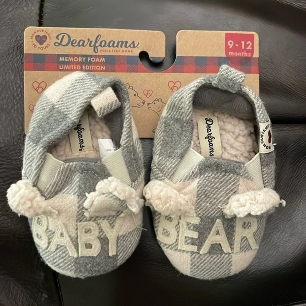 NWT Dearfoams Baby Bear Memory Foam Slippers sz 9-12 Months Grey White